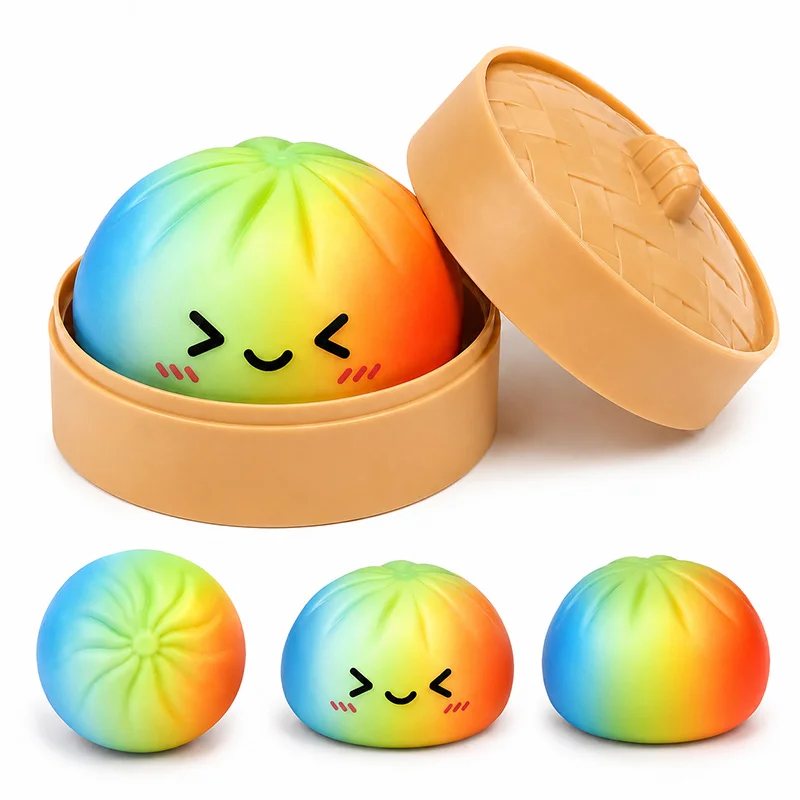 Rainbow Dumpling Squishies Pressure Ball with Bamboo Squeezed Stress Relief Fidget Toy for Adults Kids Birthday Party Favor