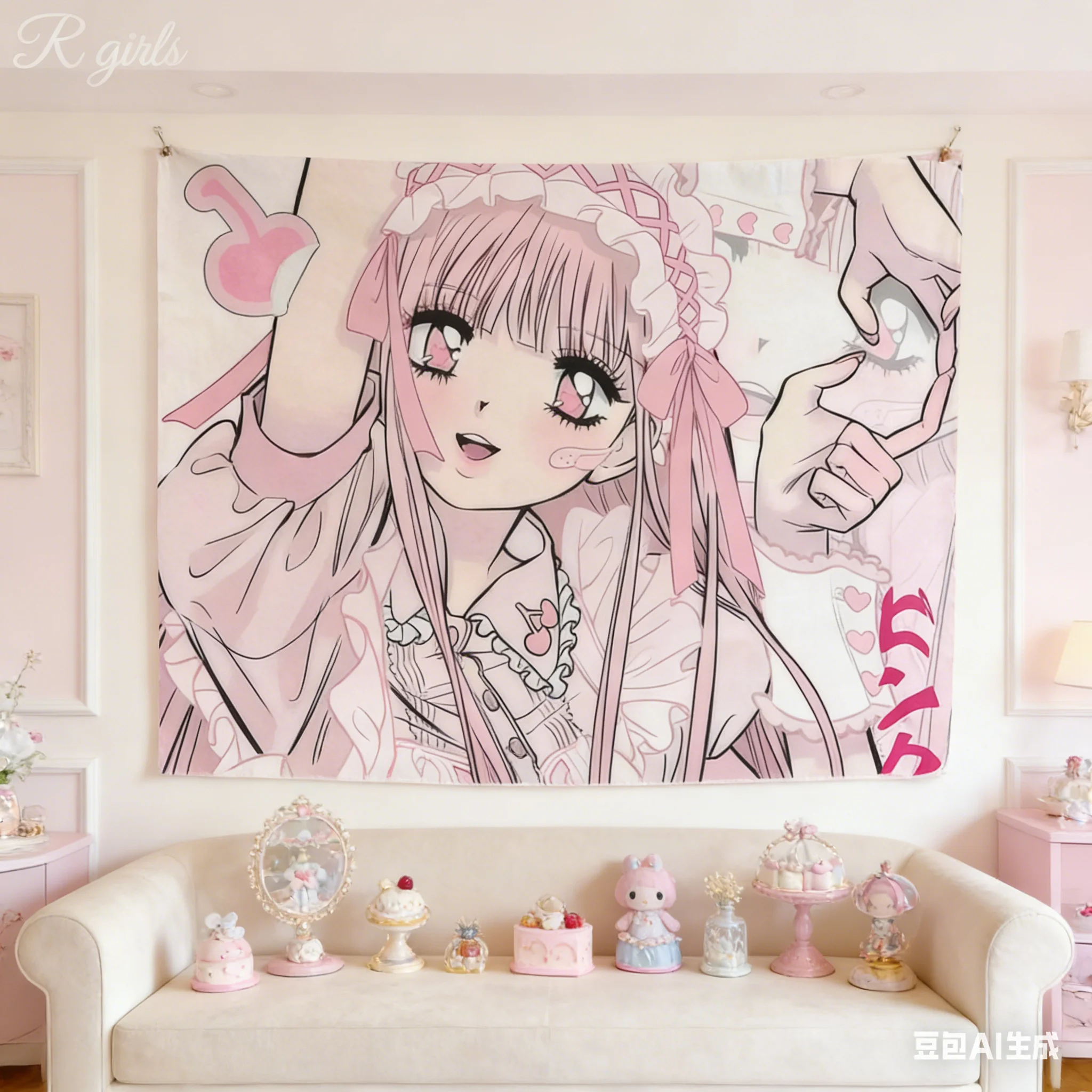 1pc Pink Anime Lolita Girl Tapestry, Cute Manga Wall Hanging, Polyester 2D Print, Kawaii Room Decor for Bedroom, Gift for Anime