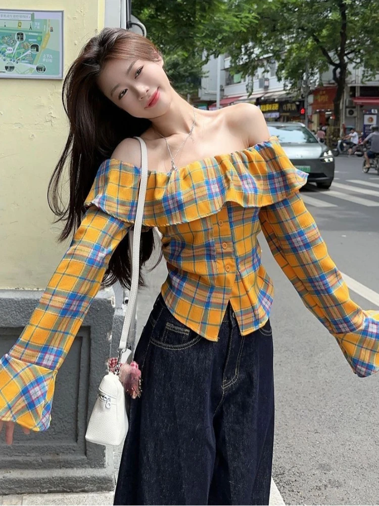 

Y2k Gyaru Blouses Slash Neck Flare Sleeve Plaid Ruffles Spring Autumn Shirts Female Slim Fashion Design All Match Women Clothing