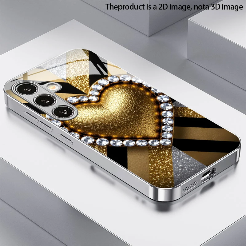 Gold Heart Pattern 2D Phone Case for Samsung S26 S25 S24 S23 S22 S21 S20 A56 A36 A16 - Electroplated Glass Protective Cover