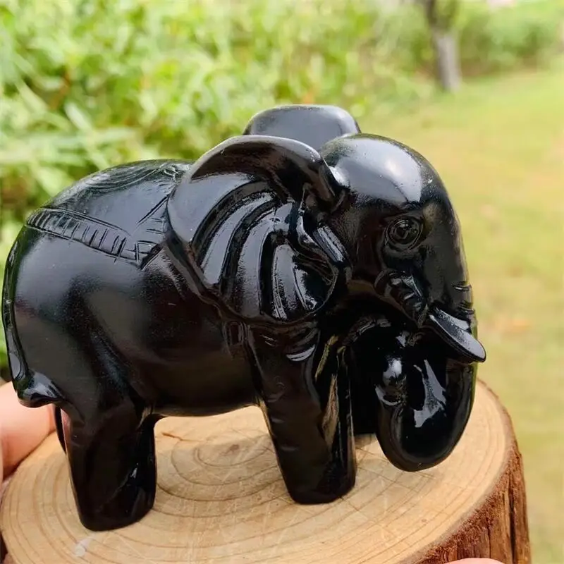 9CM Natural Black Obsidian Elephant Carving Carved Statue Animal Fashion Home Ornament Art Collectible Gift 1PCS