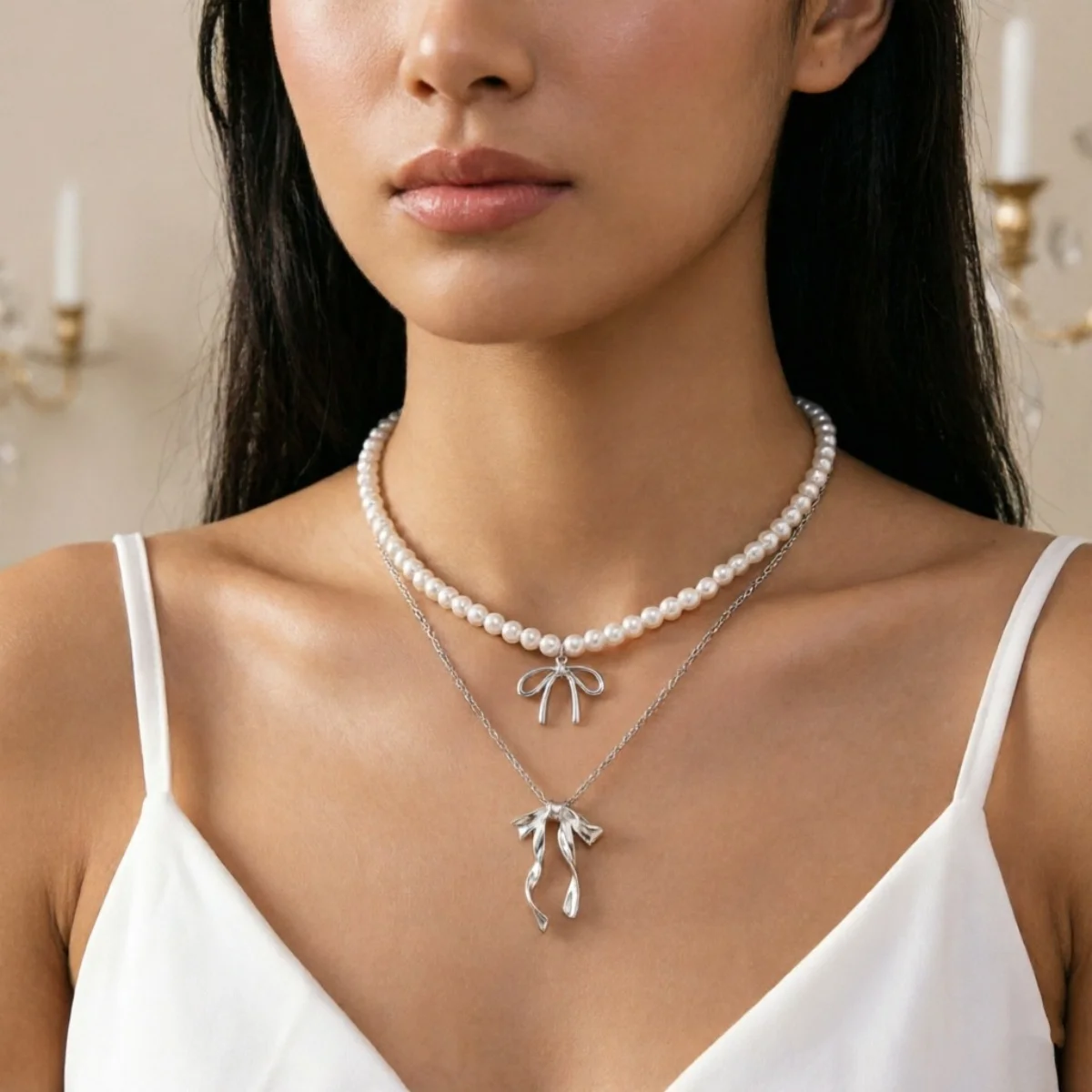 Süßer, cooler Stil Metallband-Schleife mit simulierten Perlenkette für Frauen, zierliche elegante Twist-Schleife Choker, ästhetischer Schmuck – Detail 20