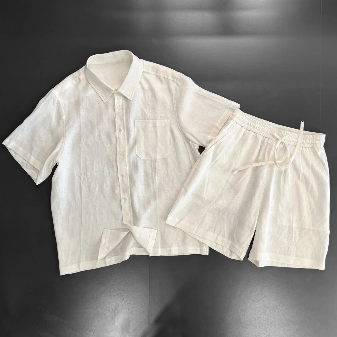 

American Style Cotton Linen Casual Sports Set Men Loose Workwear Short Sleeve Shirt Linen Breathable Five-Quarter Shorts Two-...