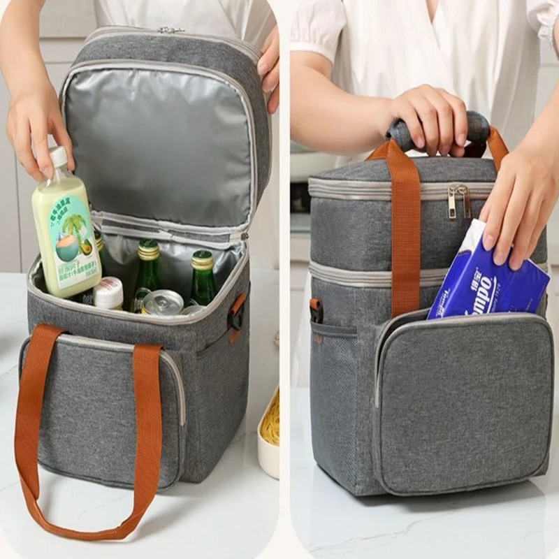 

Large Capacity Picnic Bag with Handle Waterproof Oxford Lunch Bag Ice Pack Thermal Insulation Double-Layer Storage Shoulder Bag