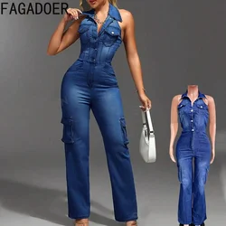 FAGADOER donna Tie-dyed Denim tuta intera moda jeans dritti pantaloni tuta bottoni senza maniche pagliaccetti Cargo abbigliamento