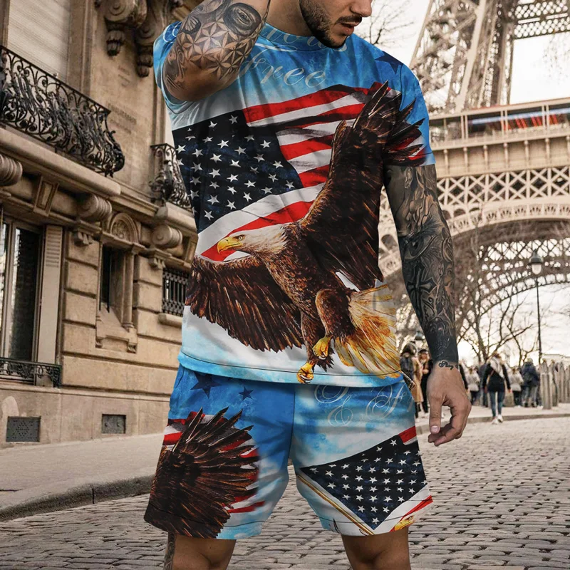 2022 Vintage Eagle Amerikaanse Mannen Outfits Oversized Streetwear T-shirt Set Jogging Trainingspak Hip Hop Vs Casual Kleding Pak