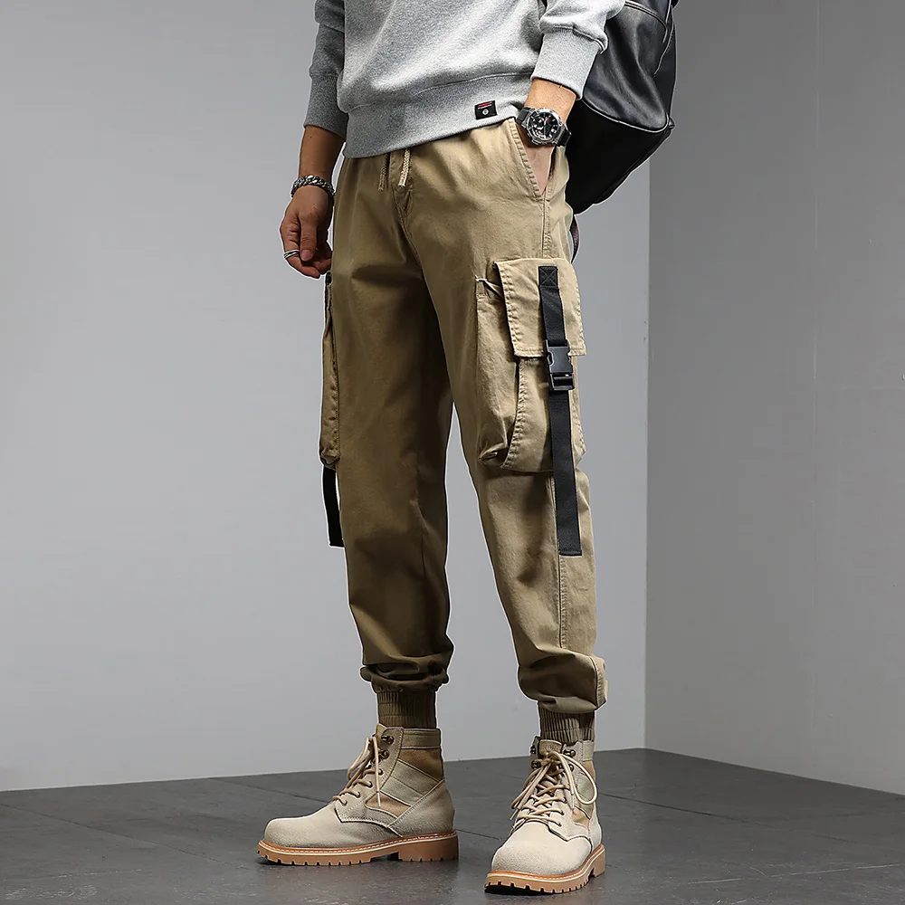 Pantalones Cargo de un solo camino para hombre, ropa de calle informal, holgada, con cinta de Hip Hop, a la moda, 2023