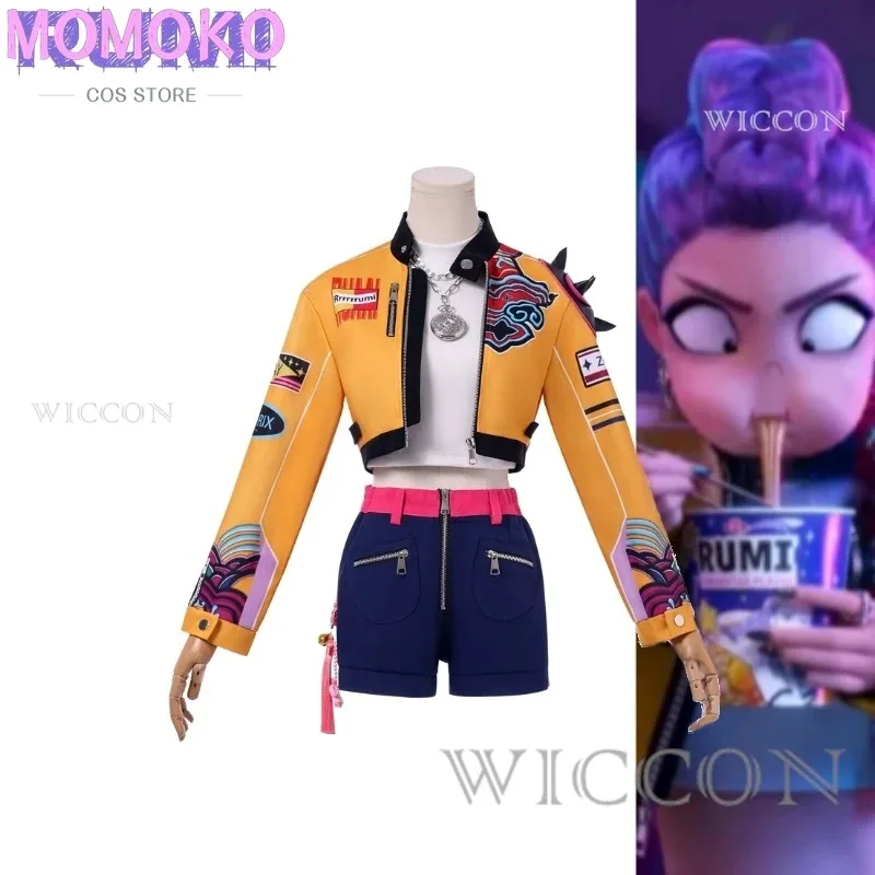 

zizi 2025 KPop Охотники на демонов Фильм Руми Косплей Длинные фиолетовые волосы Оранжевая куртка и крутые шорты Костюм с красочными