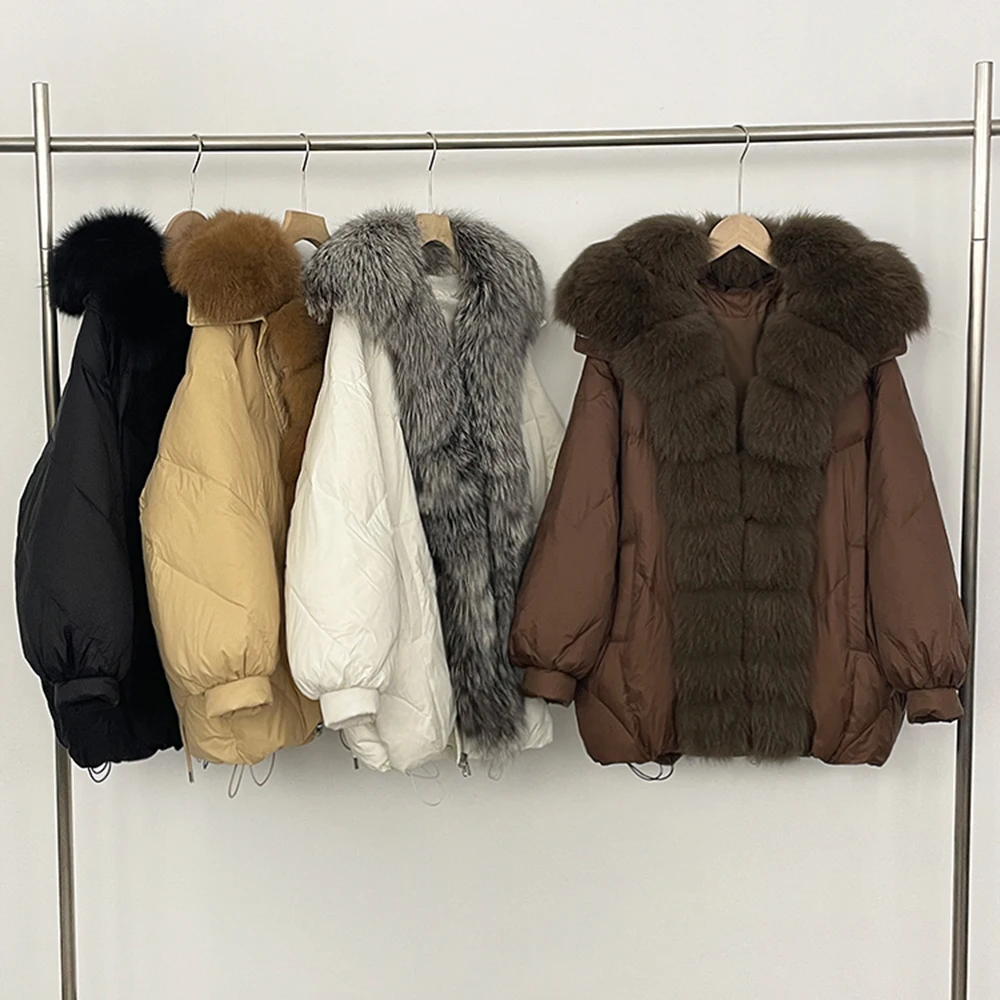 เสื้อแจ็คเก็ตขนเป็ดสำหรับผู้หญิง ฤดูหนาว แบบสั้น แต่งขนสุนัขจิ้งจอกแท้ คอปกขนฟ็อกซ์แท้ สีขาว  แบบพาร์กา