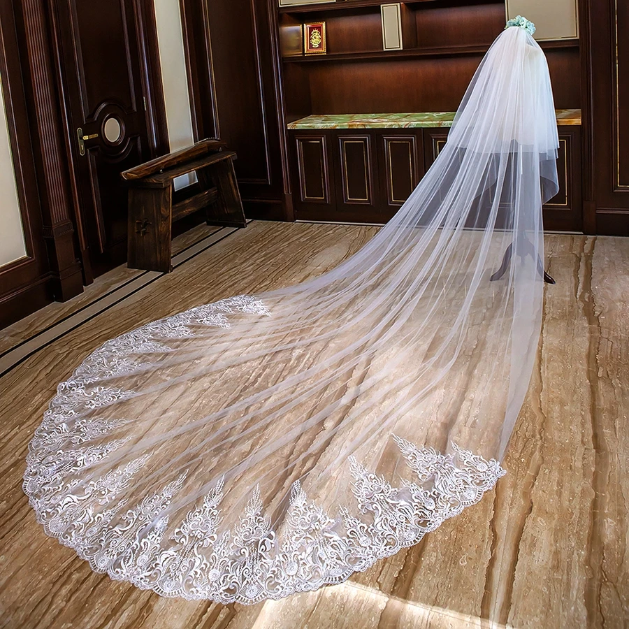 New Arrival Cathedral Wedding Veils With Comb Lace Appliques Long Bride Veil mariage Two Layers Veils Accessories Véu de noiva