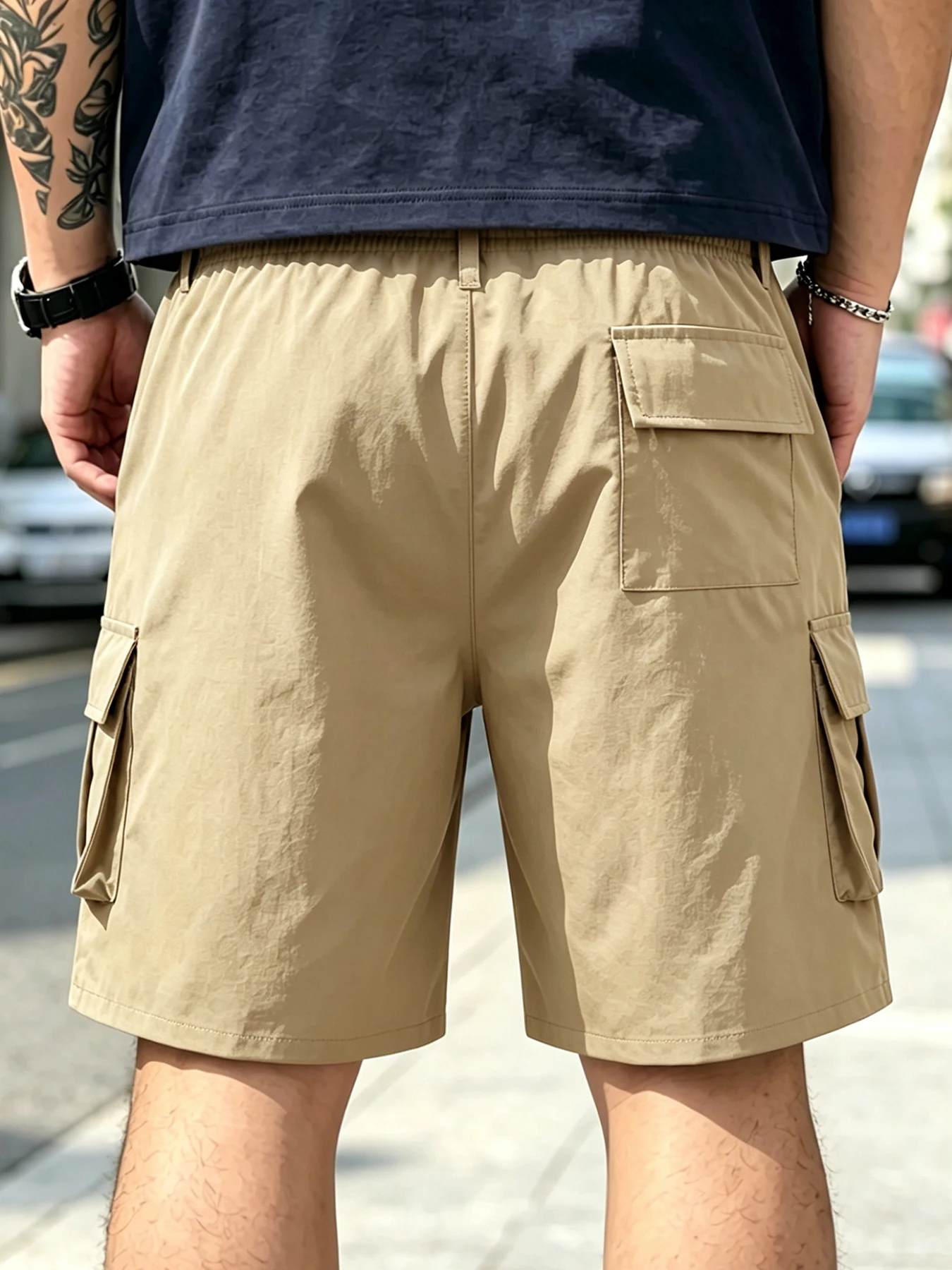 Retro Men's Cargo Shorts Streetwear Summer Elastic Waist Drawstring Shorts Men Khaki Solid Casual Loose Short Pants Male