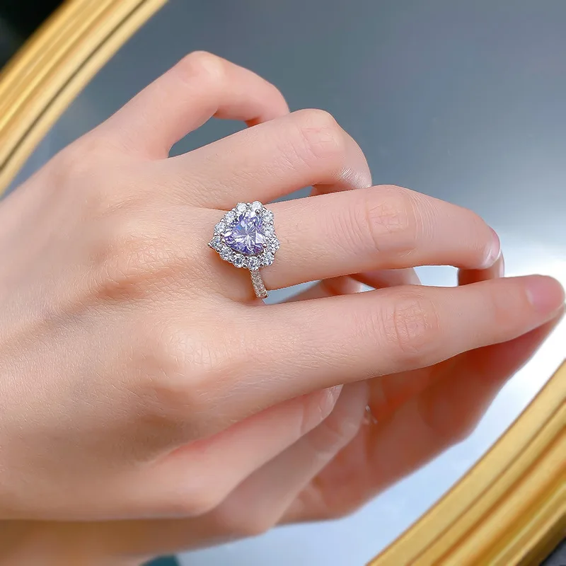 Real S925 Sterling Silver Ring Heart-shaped Lavender Color Tanzanite Color Wedding Ring for Girl Fine Jewelry Gift