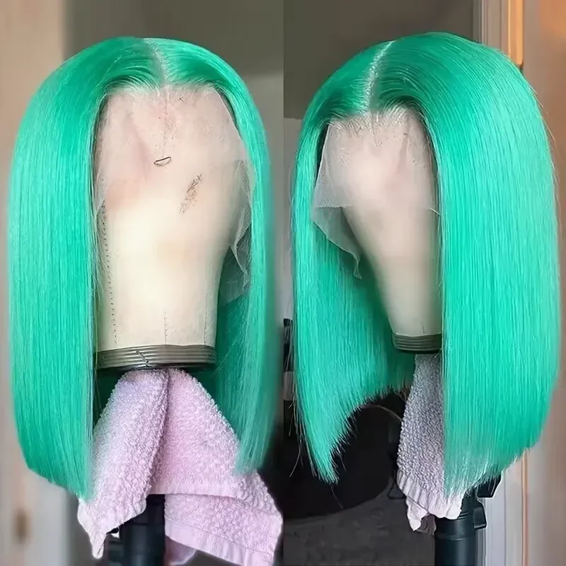 

Mint Green Colored Straight Lace Frontal Wigs 13x4 180% Density Short Bob Lace Wigs Human Hair Wigs 100% Glueless Wig Human HD