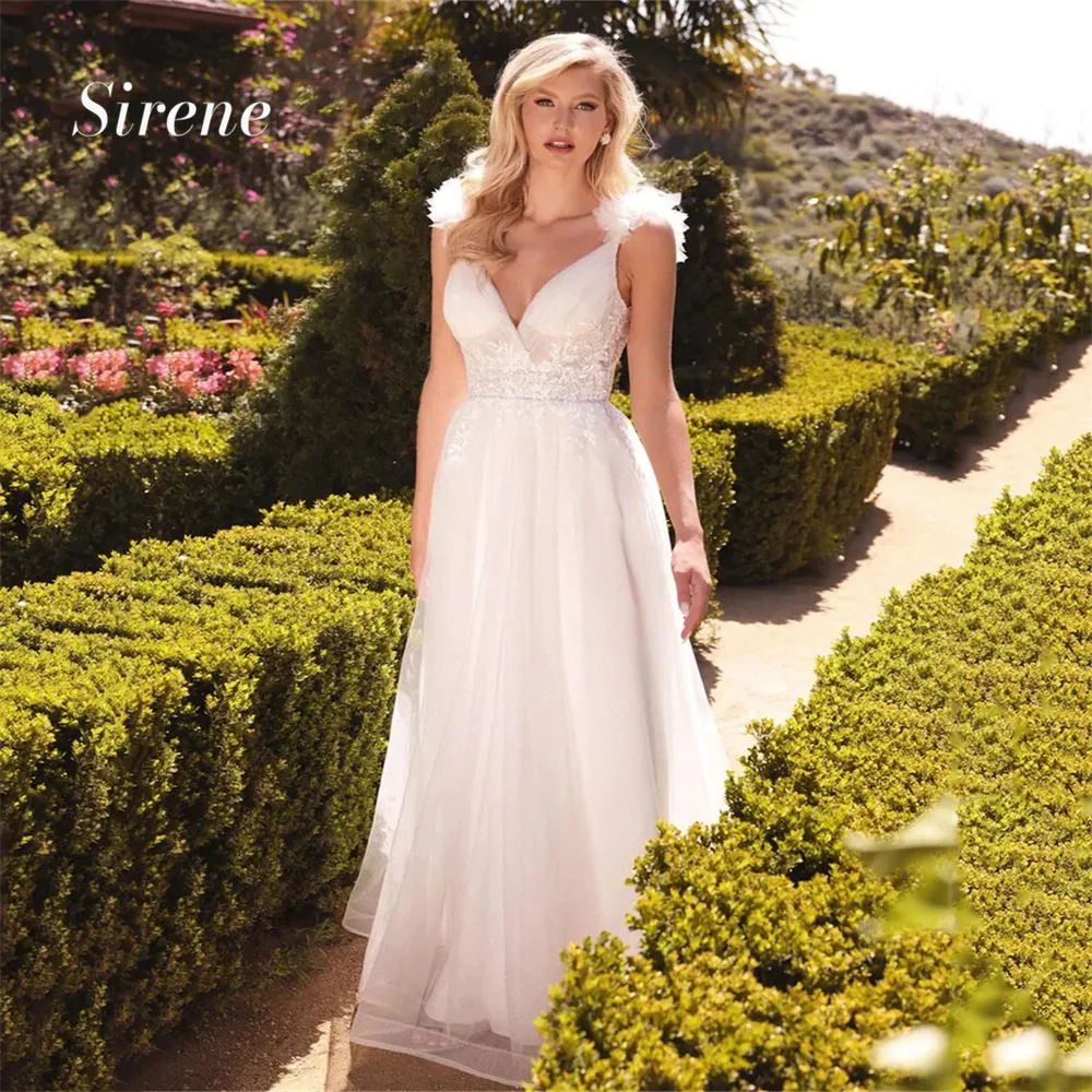 Sirene Sexy Lace Applique 3D Flowers Organza Wedding Dress A-line Deep V-neck Spaghetti Straps Floor Length Backless Bride Robes