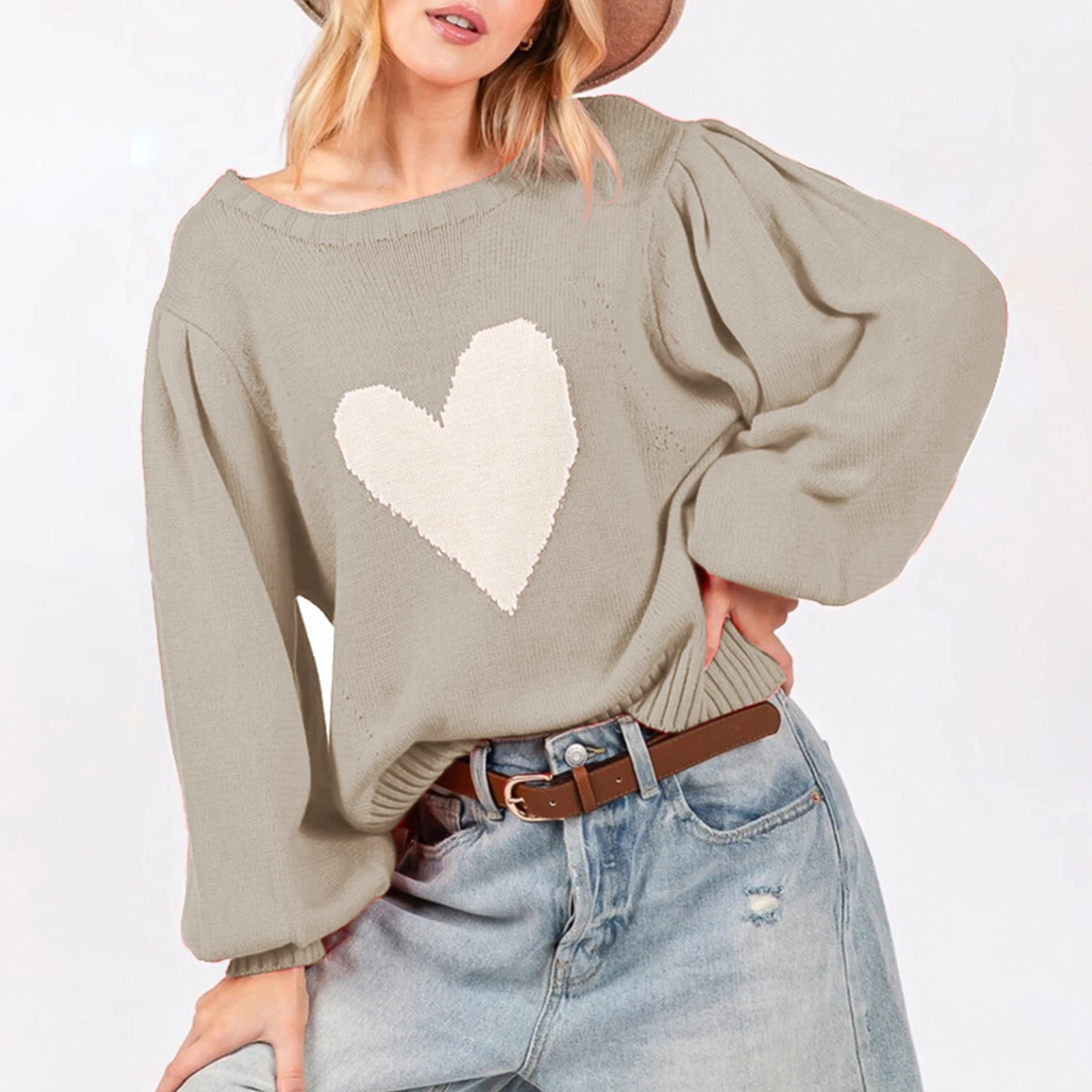 Valentine's Day Women's Lovely Sweater Long Sleeve Round Neck Heart Print Knit Pullover Tops Knitwear