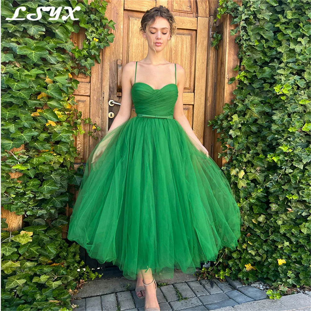 

LSYX Sage Green Sweetheart Prom Dresses 2024 Pleat Spaghetti Straps A-Line Backless Blet Tea-Length Tulle Fairy Evening Gown