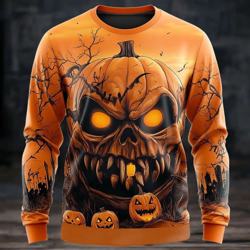Men Crewneck Sweatshirt Scary Pumpkin Skull 3D Print Multi‑Color Option Haunted Castle Bat Halloween Pullover