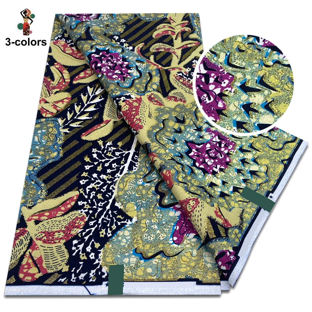 Neuester Grand Super African Glitter Glam Wax Stoff Qualität Ankara Wax Stoff Baumwolle Weicher afrikanischer Glitzer Goldener Stoff 6 Yards