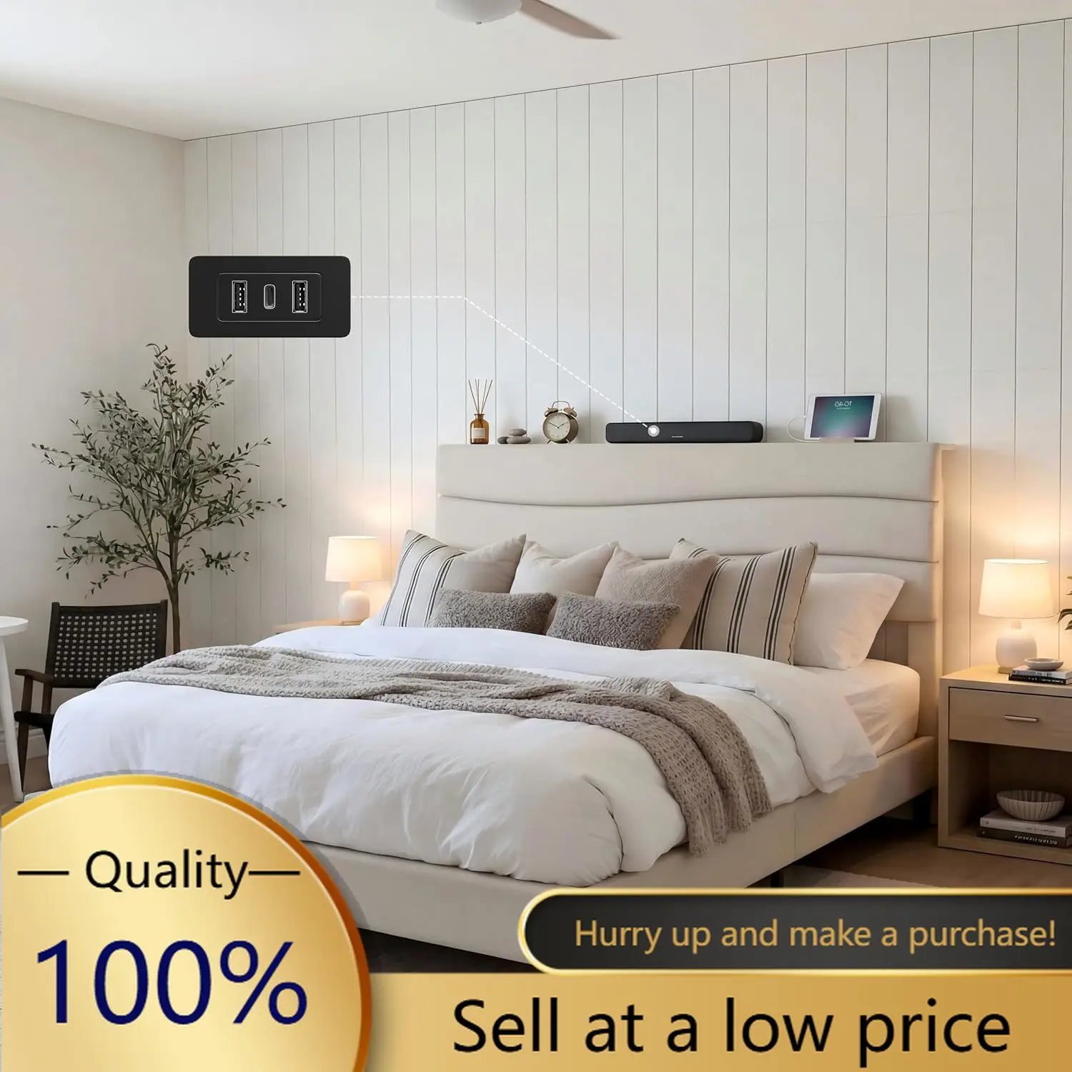 EnHomee Queen Size Bed Frame with Upholstered Headboard & Charging Station | Adjustable height, Wave design, 2 USB & 1 Type-C po