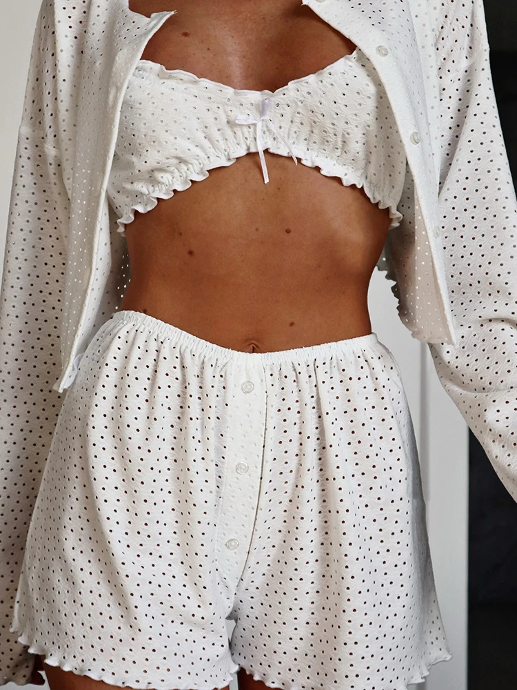 

HiLoc Women's White Eyelet Embroidery 3 Piece Pajama Set Ruffled Cami Top Button Down Cardigan Shorts Summer Women's Suit 2026