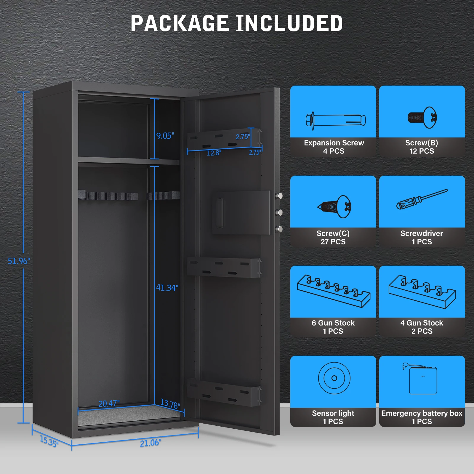 Kavey Caja fuerte grande para armas sin montar con alarma dual, modo silencioso, gabinete largo para armas para rifles con almohadilla para pantalla táctil, estantes extraíbles