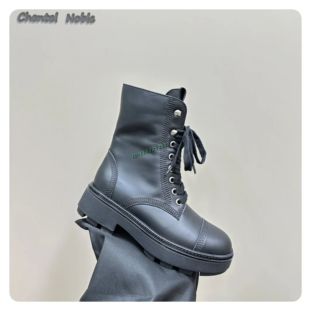 Black Leather Lace-up Side Zipper Ankle Boots For Women Flats Round Toe Casual Platform Shoes Autumn Winter 2024 New Arrivals