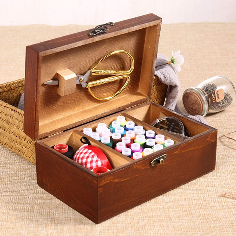 

Retro Sewing Box Wooden Portable Storage Box Thread Needle Button Sewing Accessories Organizer Case Home Use Sewing Kit Boxes