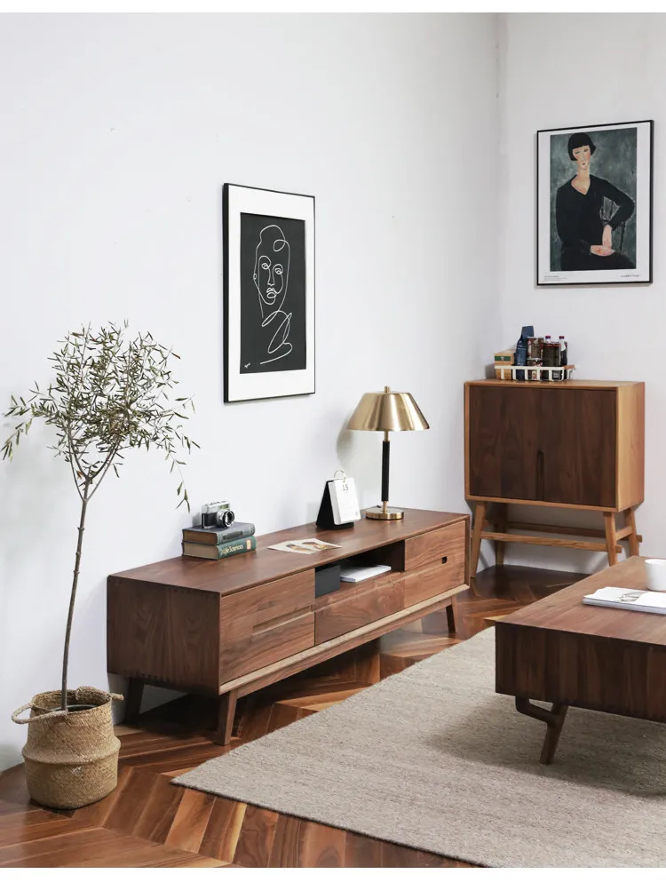 black walnut solid wood TV cabinet simple modern all-solid wood TV cabinet