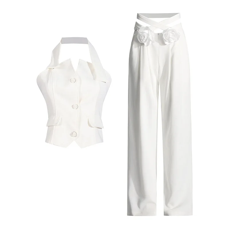 Summer White Women Suit Pants Set 2 Piece Vest+Loose Trousers Sleeveless Jacket 3D Flower Casual Formal Office Lady Prom Coat