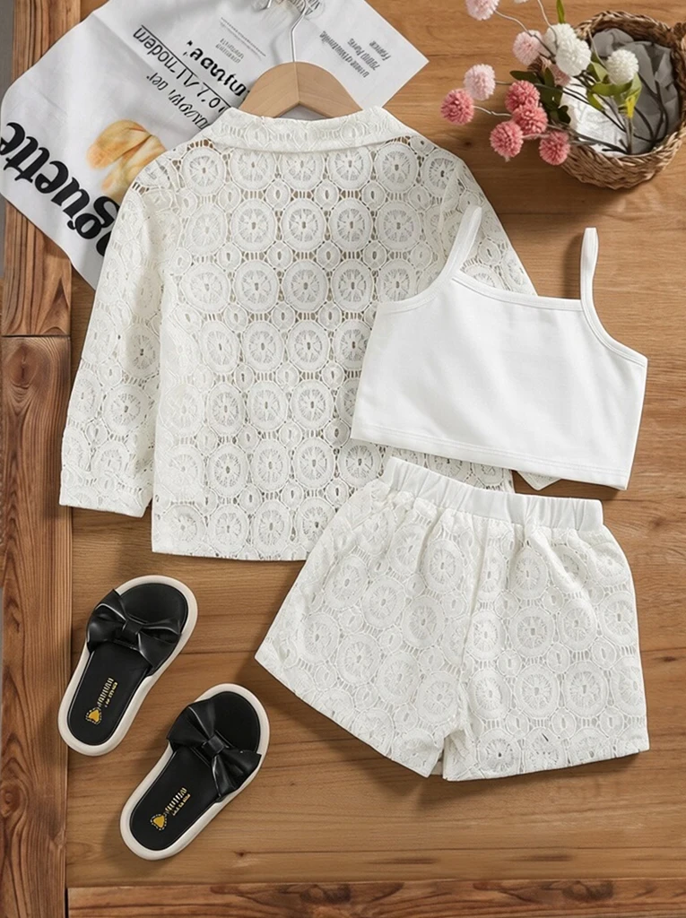 Sweet lace three piece set for girls solid color lace cardigan jacket and shorts with camisole inside loose and simple