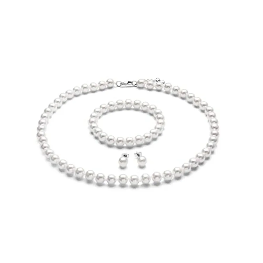 

8mm Pearl Necklace Set - Necklace Bracelet Earrgs Trio for Women and Girls, Faux Pearl Jewelry Set for Weddg, Party, Daily Fash