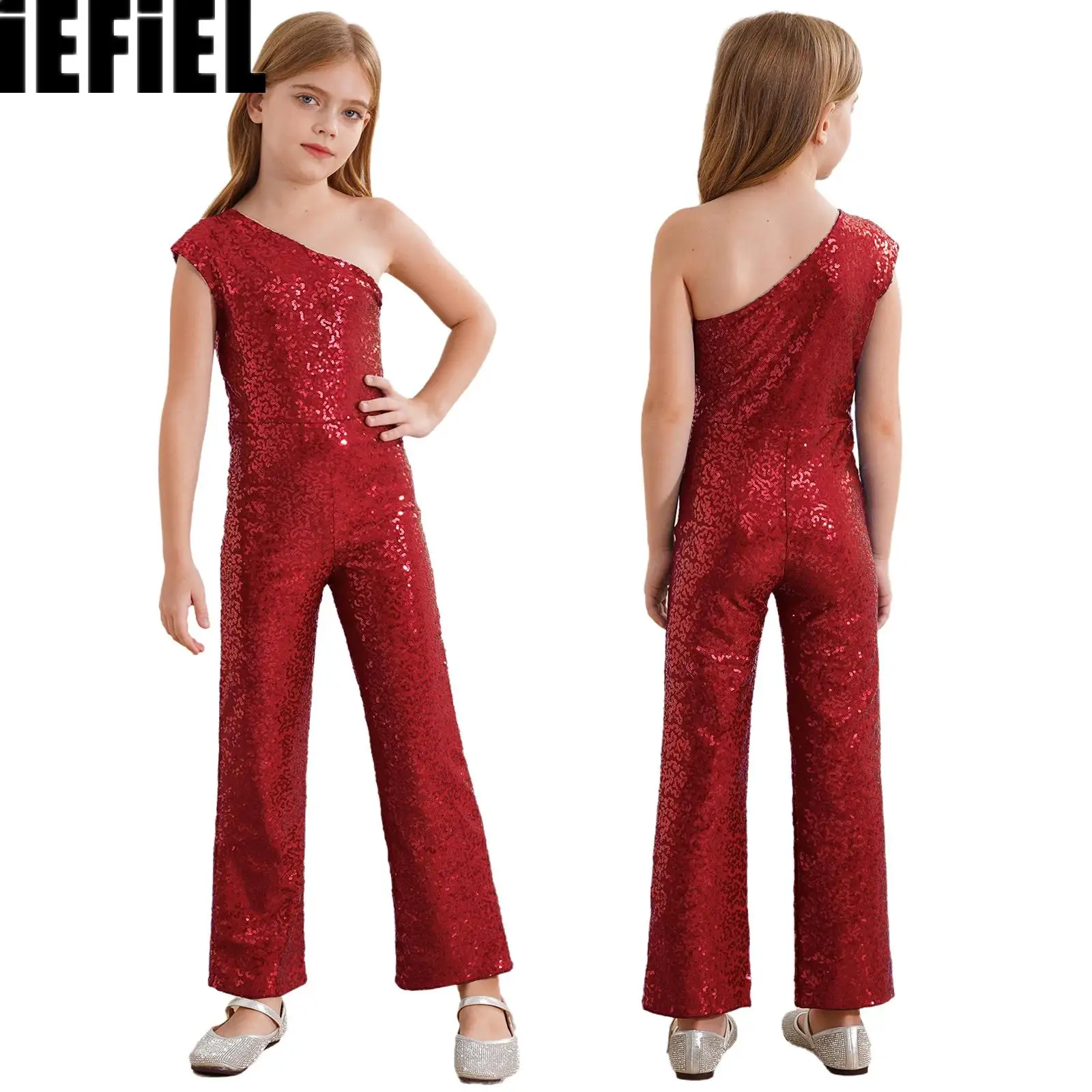 非対称の裸の肩を持つ女の子のきらびやかなダンスロンパース,ノースリーブ,ハイウエスト,ストレートパンツ,ワンピース,ジャンプスーツ,ネクタイ,パーティー