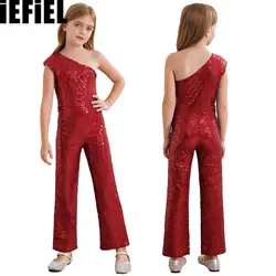 Kids Girls Sequin One Shoulder Dance Rompers Sleeveless High Waist Straight Pants One-Piece Jumpsuit for Cocktails Evenings