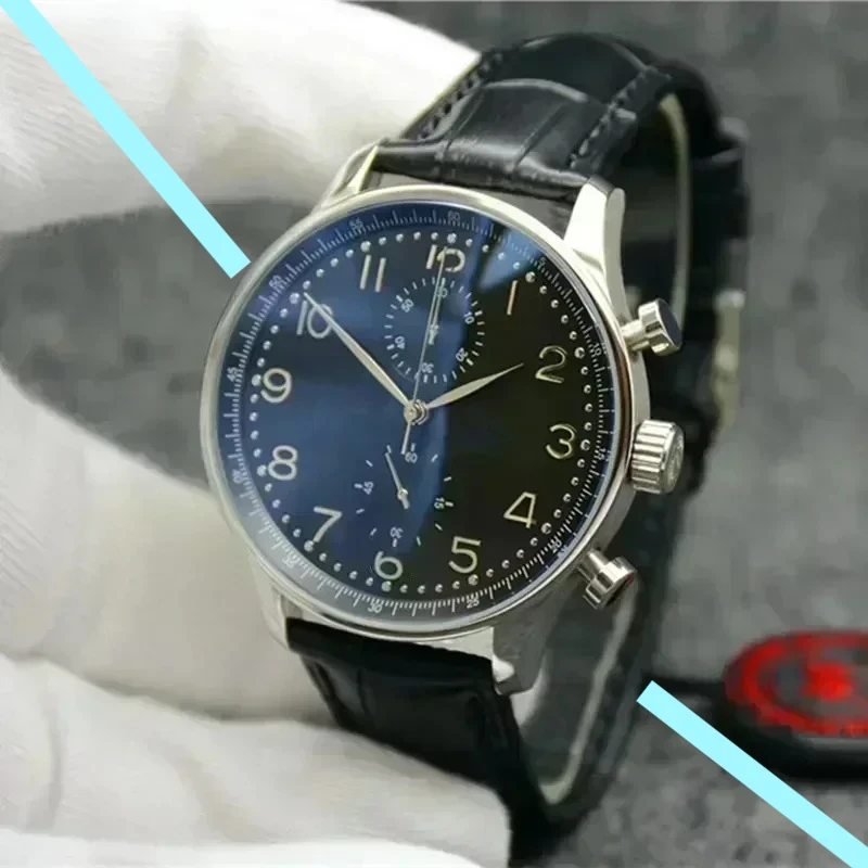 43mm Portugueses Series Quartz Chronograph VK63 Dial Men Business Black White Wristwatch Leather Fashion Watch Customized