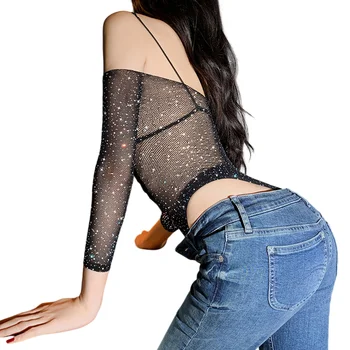 Fashion T-shirts Gothic Mesh Black Long Sleeve Top High Elasticity Rhinestone Bodysuit…