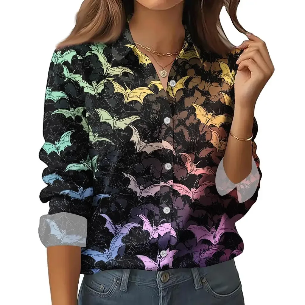 

Women's Bat Spiderweb 3D Printed Long Sleeve Shirt Halloween Party Casual Daily Lapel Ladies Long Sleeve Shirt Ladies Blouse Top