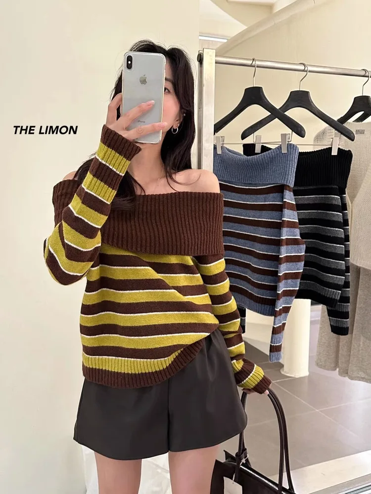 

Warm Long Sve Knitted Sweater Striped Contrast Color One oulder Neline Women's Faion Commute Sle Dongda Gate New A...