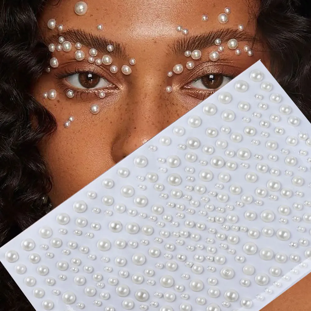 1sheet White Pearl Rhinestones Face/Eye Stickers 3D Self-adhesive Half Round Pearl Beads Jewel Face,Body,Nail,Hair Pearl Sticker