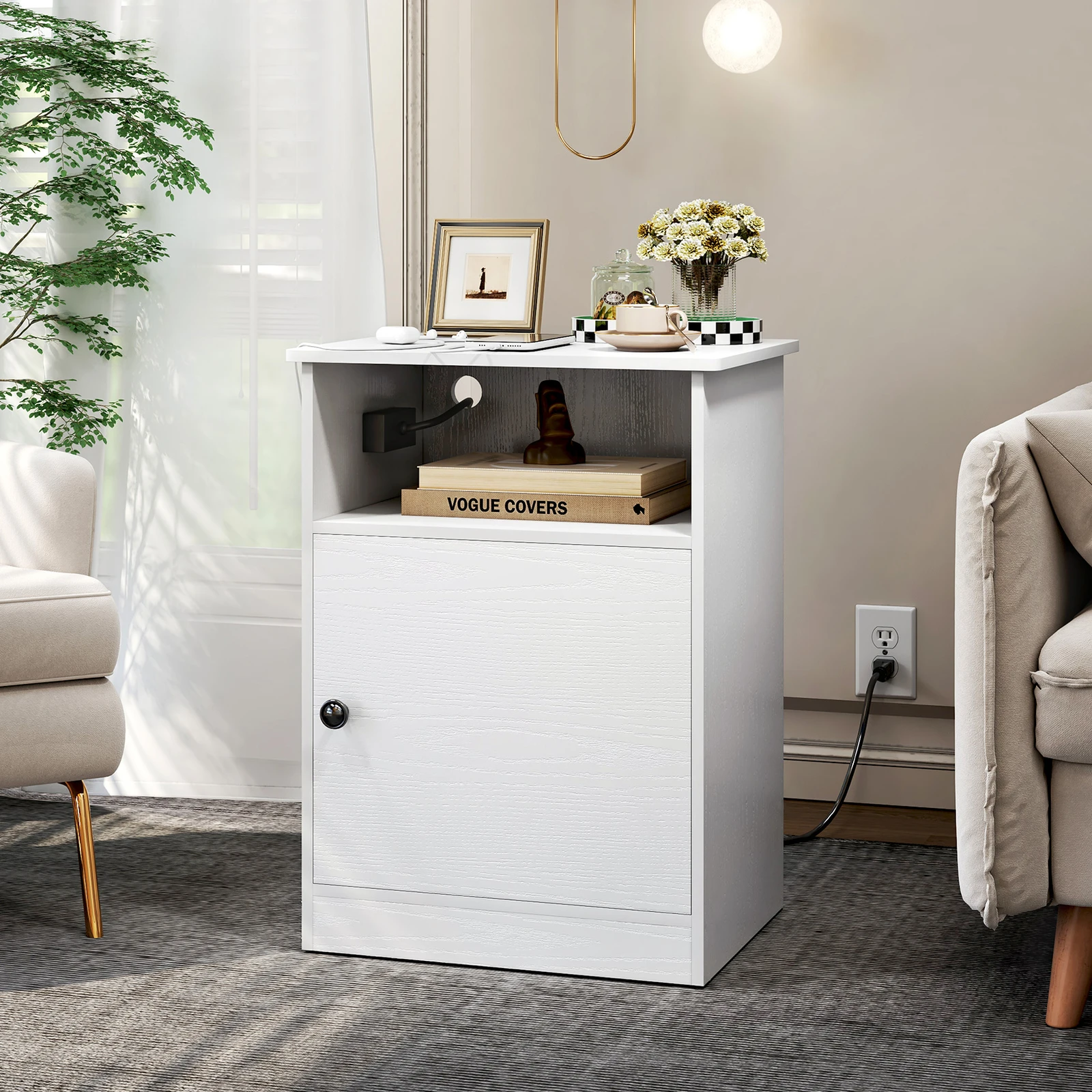 

White Nightstand with Charging Station Side End Table Night Stand