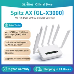 GL.iNet GL-X3000 (Spitz AX) 5G AX3000 Gateway Router, Wi-Fi 6, Multi-WAN, & Detachable Antennas, Dual-SIM, OpenVPN & WireGuard