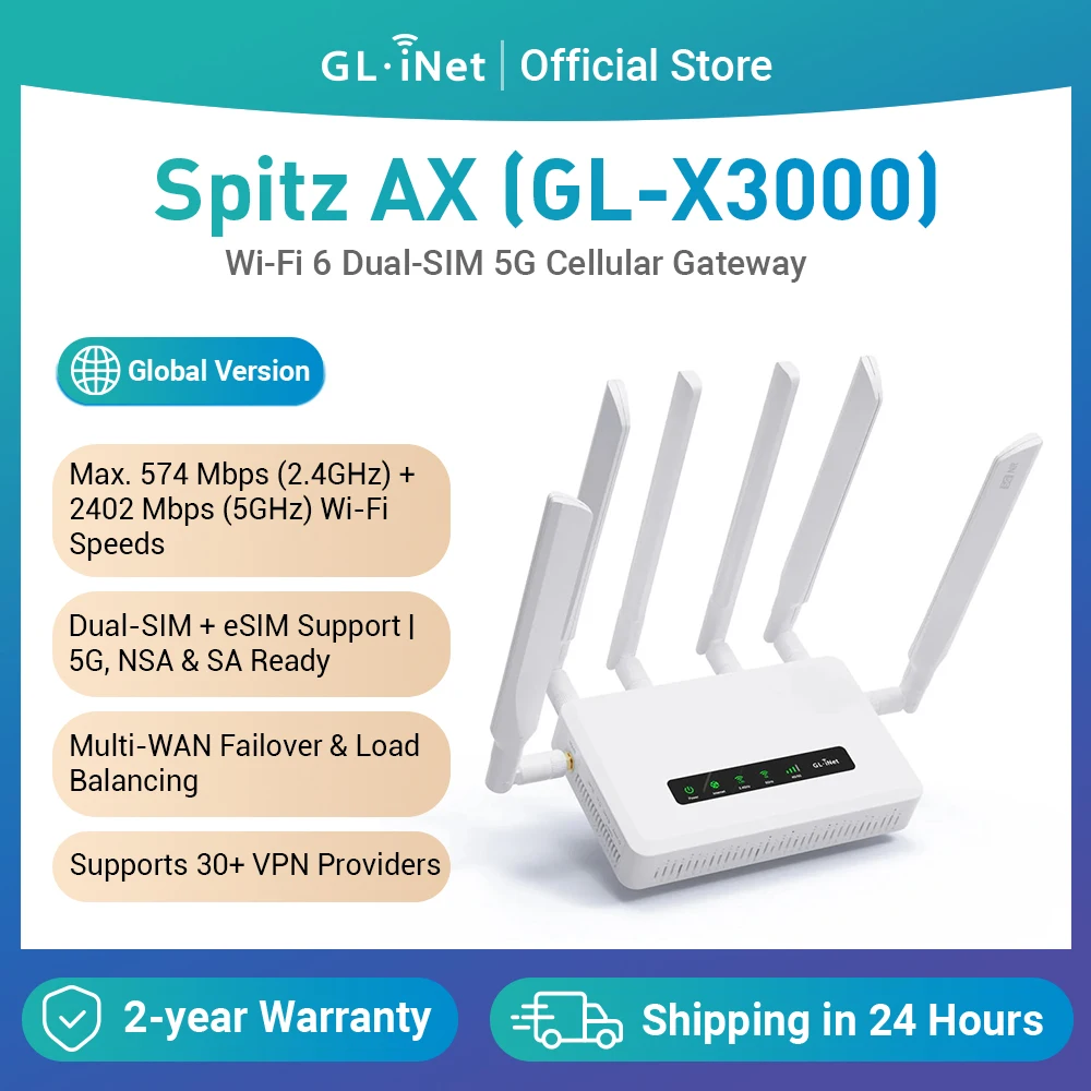 GL.iNet GL-X3000 (Spitz AX) 5G AX3000 Gateway Router, Wi-Fi 6, Multi-WAN, & Detachable Antennas, Dual-SIM, OpenVPN & WireGuard