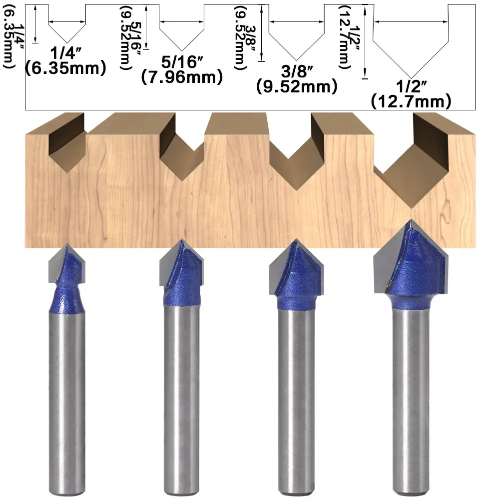 Fresa de vástago de 6MM, broca con ranura en V de 90 grados, 1/4 ", 5/16", 3/8", 1/2 ", fresa de carburo sólida para carpintería, 1 ud.