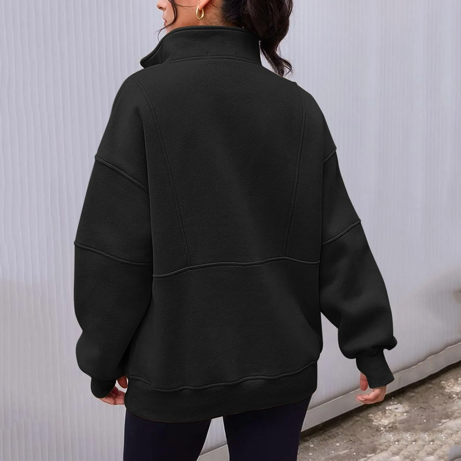 Black OVersize Loose Casual Women Sweatshirts 2024 Spring Autumn Fashion Long Sleeve Half Zipper Stand Collar Sportwear Pullover