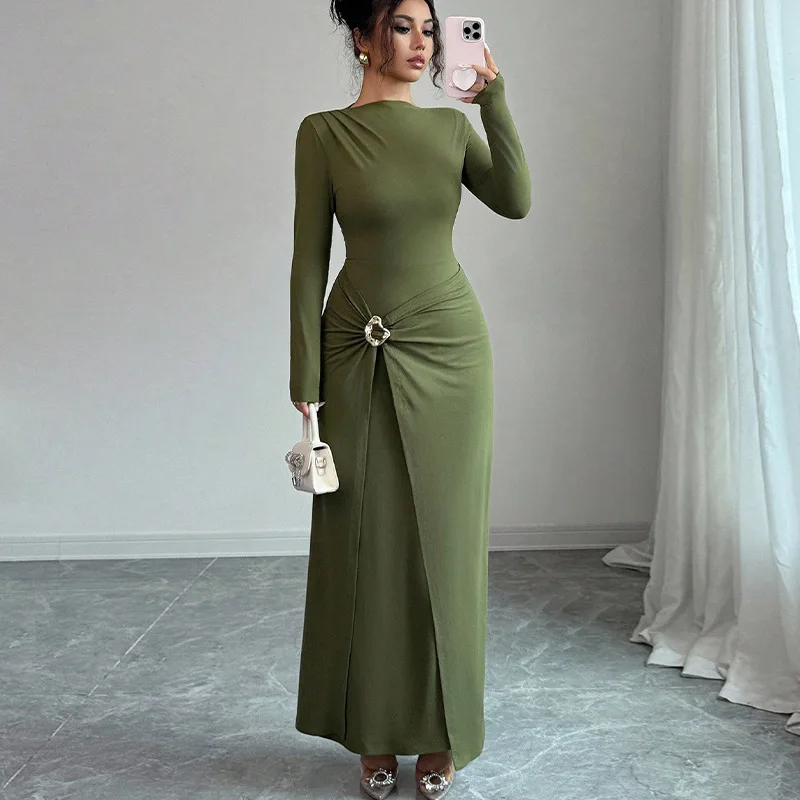 

Womens Dress 2026 Spring Summer New Style Solid Color Long Sleeve Hip Wrapped Skirt Daily Elegance Wear