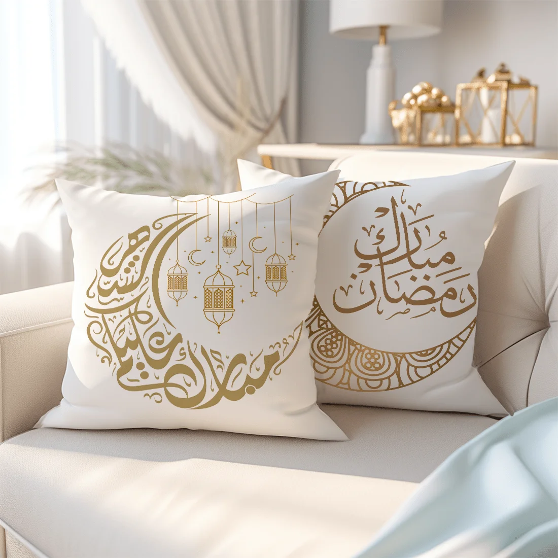 2Pcs Ramadan White Golden Star Moon Lantern Text Pillowcase - Double-Sided Printedfor Home Sofa Bedroom Decor
