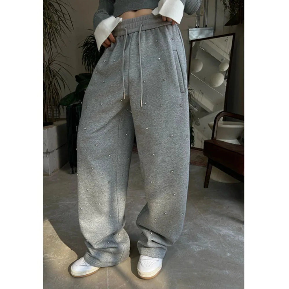 Women's Casual Sweat Pants Spring Autumn 2025 New Fashion Nail Bead Design Drawstring Loose Wide Leg Pants Female Clothing