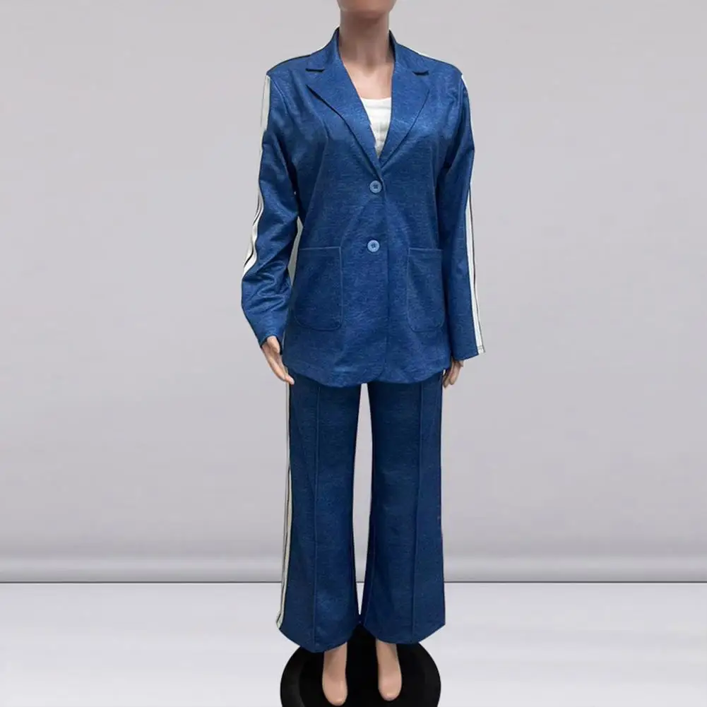 2 Pcs/Set Lady Formal Coat Pants Set Turn-down Collar Long Sleeves Jacket Loose Striped Wide Leg Trousers Casual Commuting Outfi