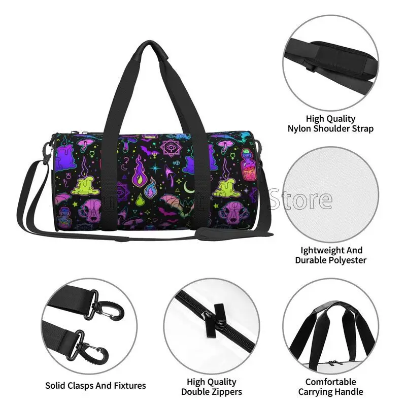 Halloween Skull Bat Mushroom Travel Duffel Bag Waterproof Sports Tote Gym Bags Foldable Luggage Bags Weekender Overnight Bag