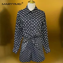 MARYYIMEI Summer Women's Suit Turn-Down Collar Long sleeved Single breasted Tops+Mini Shorts Dots Cotton 2 Piece Set