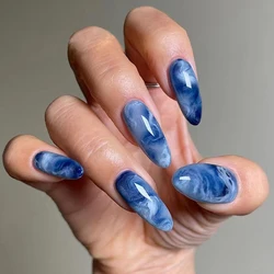 24 Pcs Ink Blue Halo Dyeing Almond Long Press On Nails Glossy Snake Silver Rose French Fake Nails Reusable False Nail Jelly Tabs